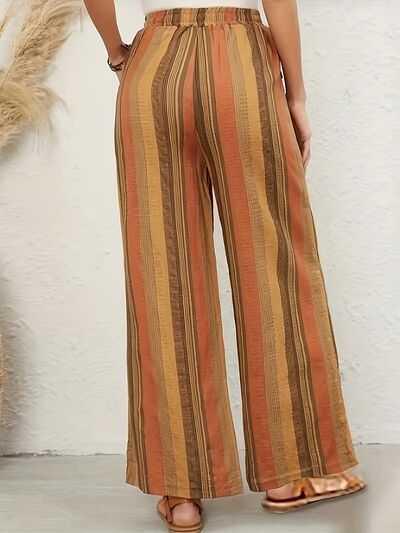Full Size Drawstring Striped Wide Leg Pants -- 