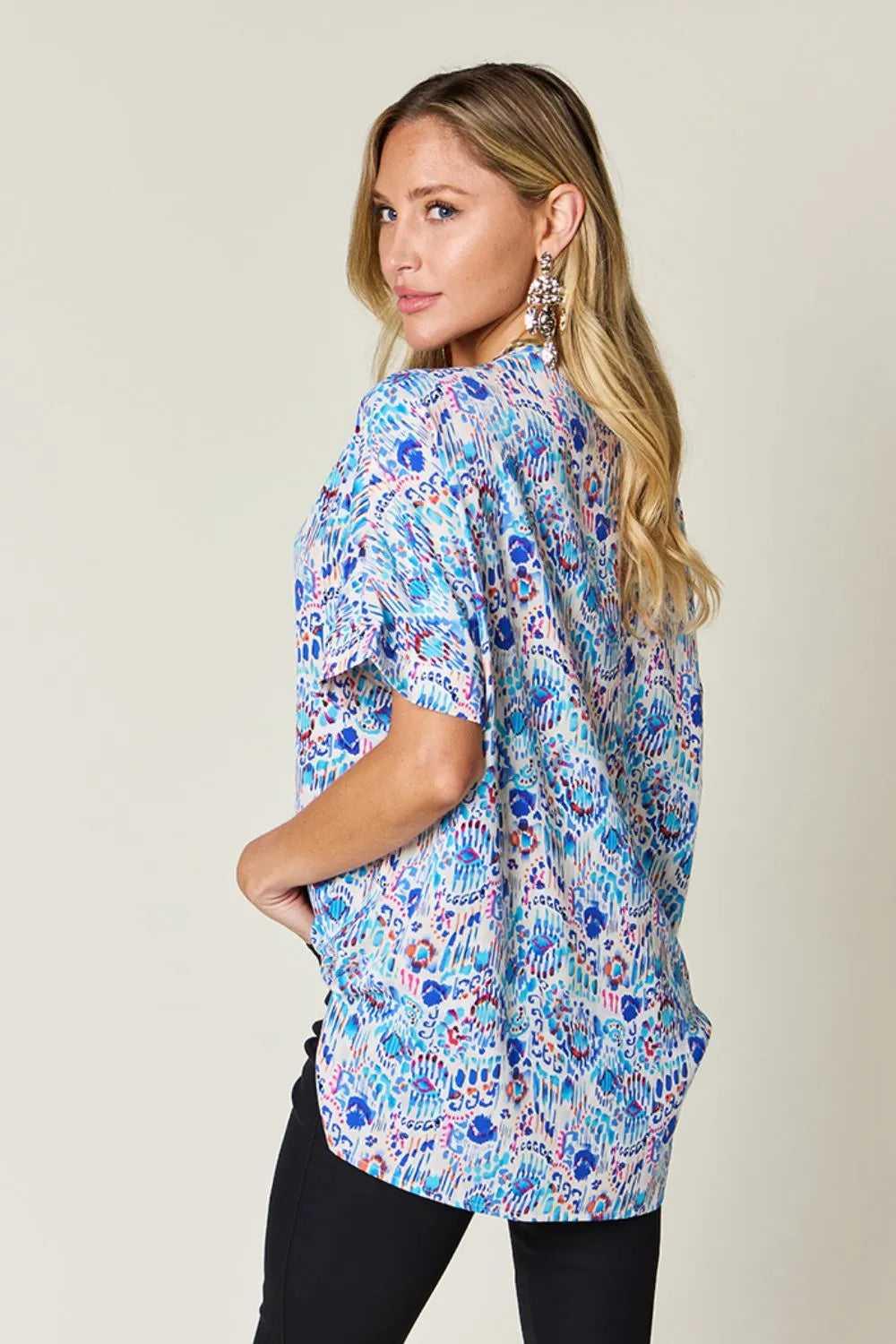 Double Take Full Size Printed V-Neck Short Sleeve Blouse -- 
