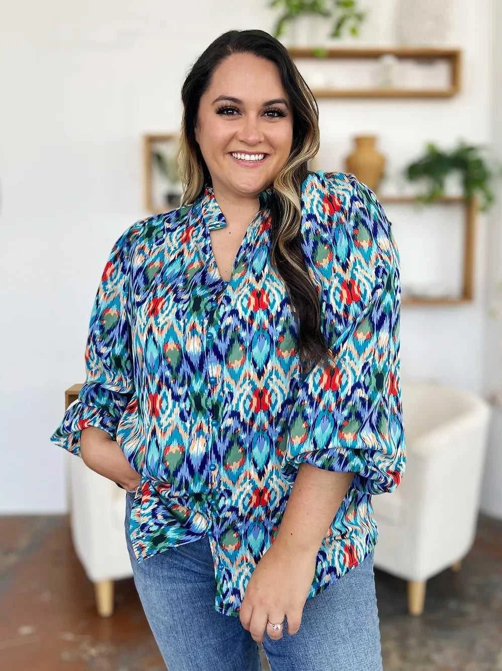 Double Take Full Size Printed Balloon Sleeve Blouse -- 