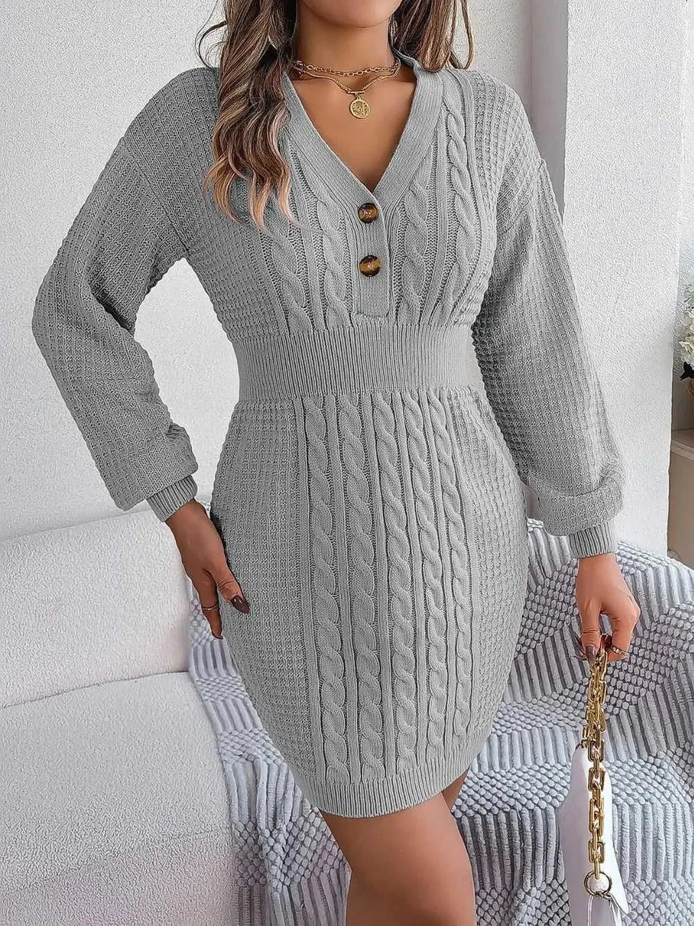 Buttoned Cable-Knit V-Neck Sweater Dress -- 