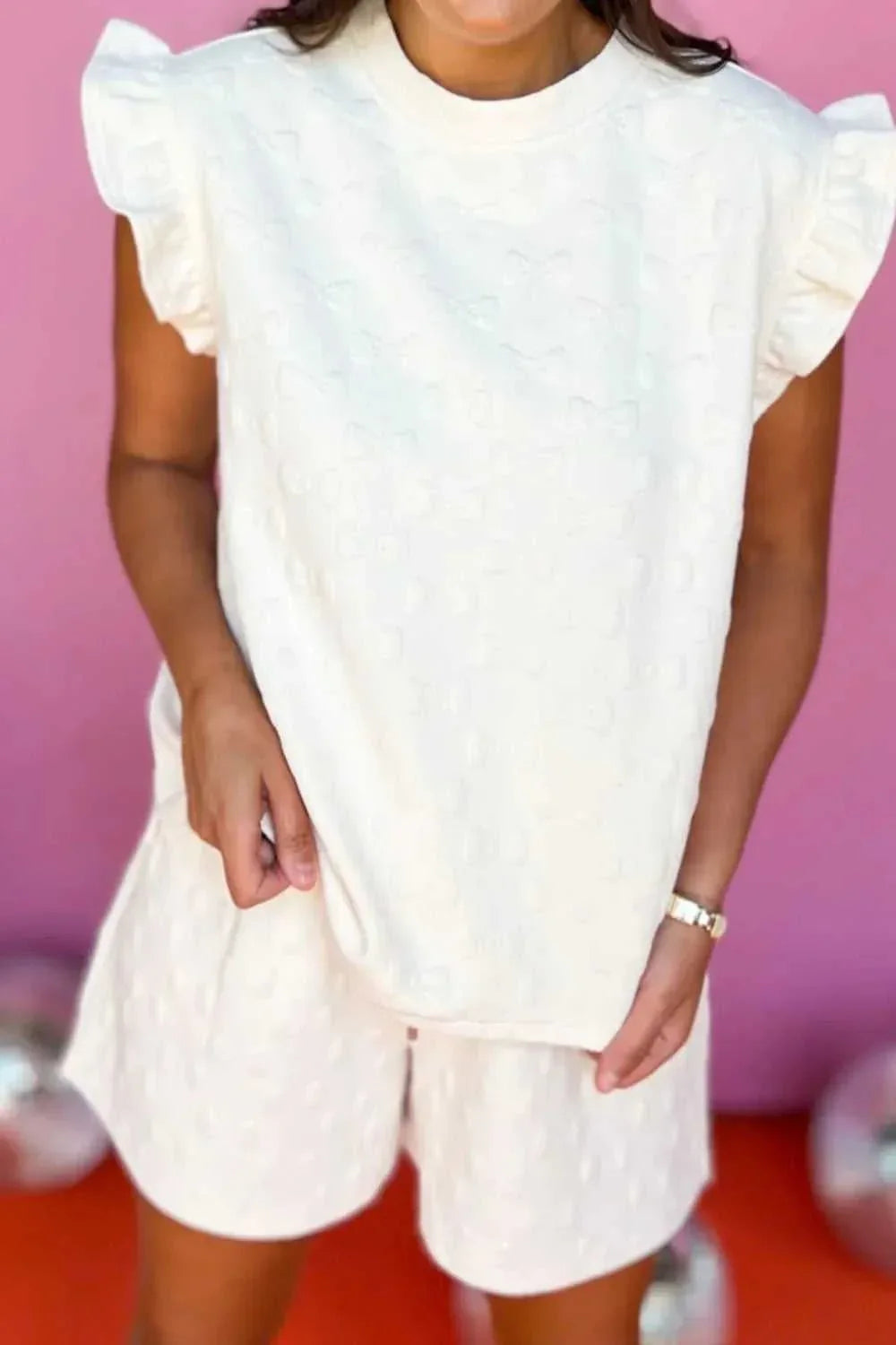 Bow Texture Round Neck Top and Shorts Set -- 