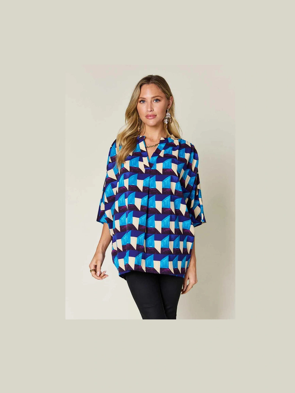 Double Take Full Size Geometric Notched Half Sleeve Blouse -- 