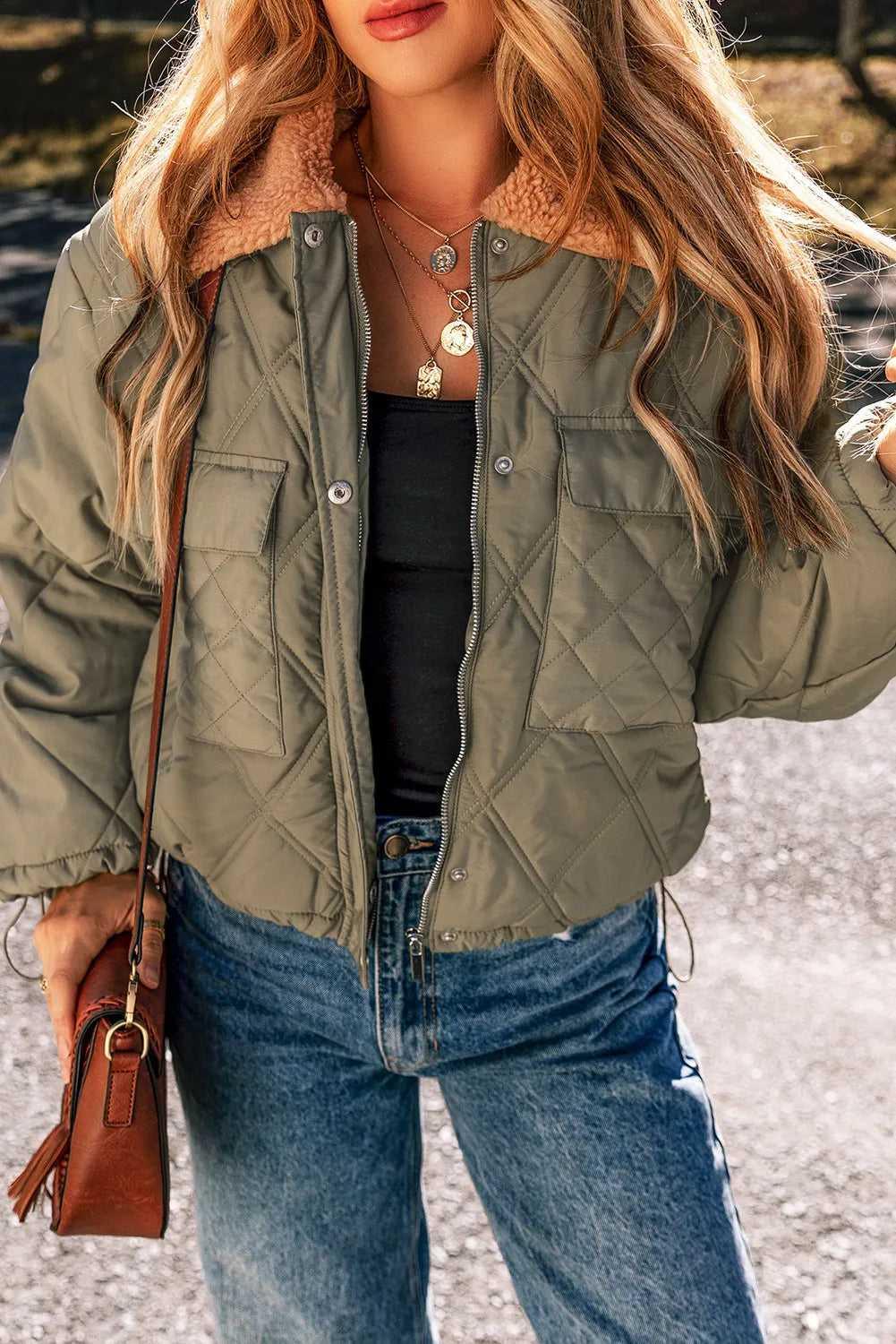 Drawstring Collared Neck Long Sleeve Winter Coat -- 