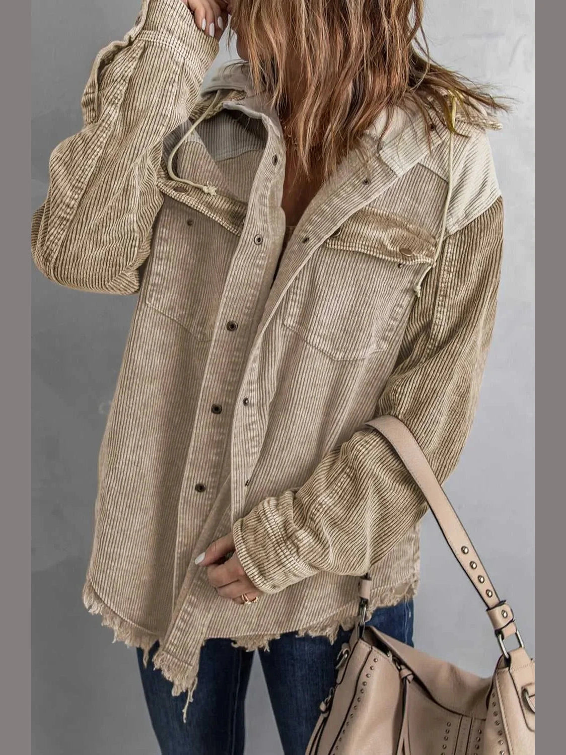 Snap Front Hooded Corduroy Shacket -- 