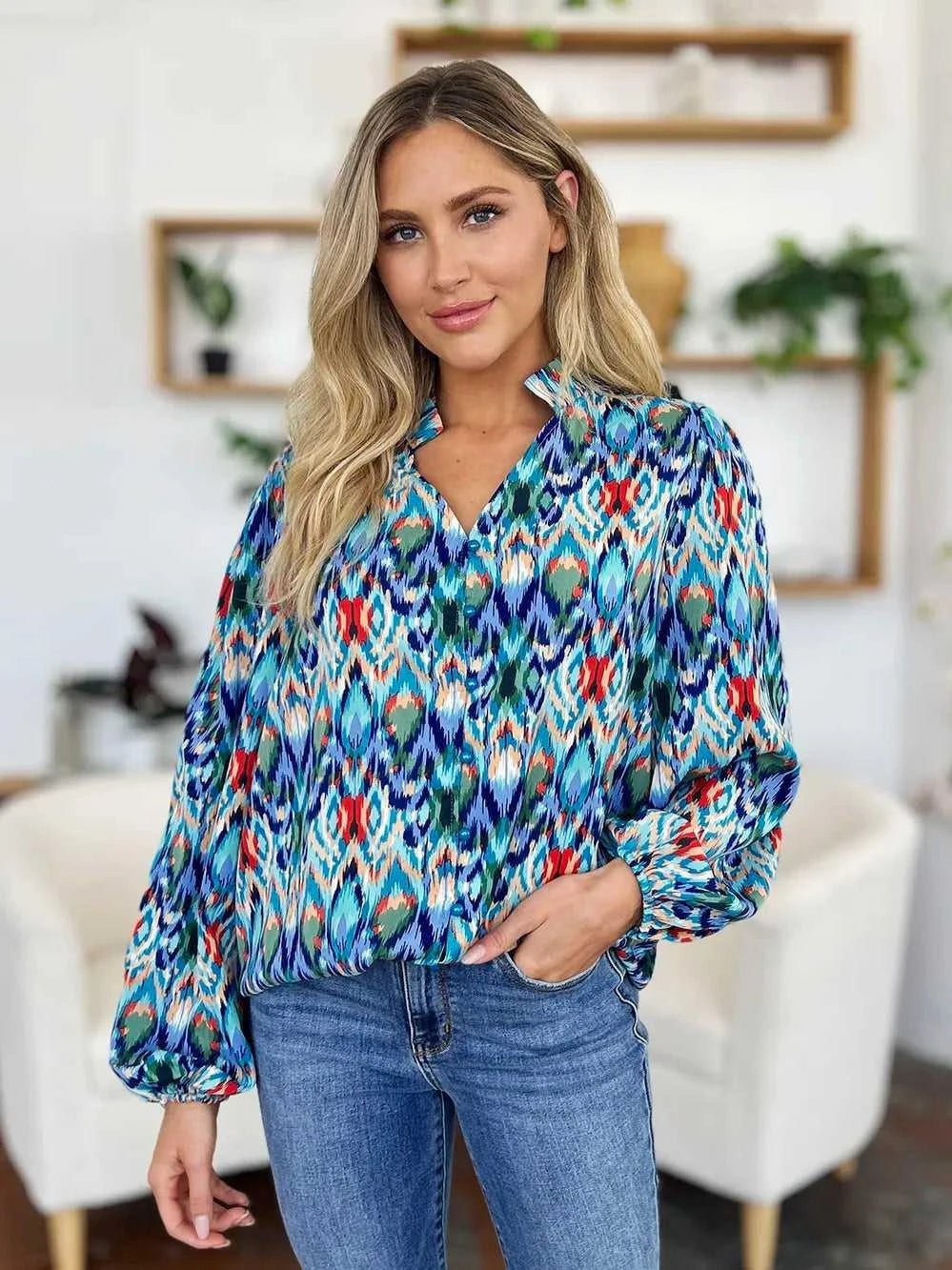 Double Take Full Size Printed Balloon Sleeve Blouse -- 