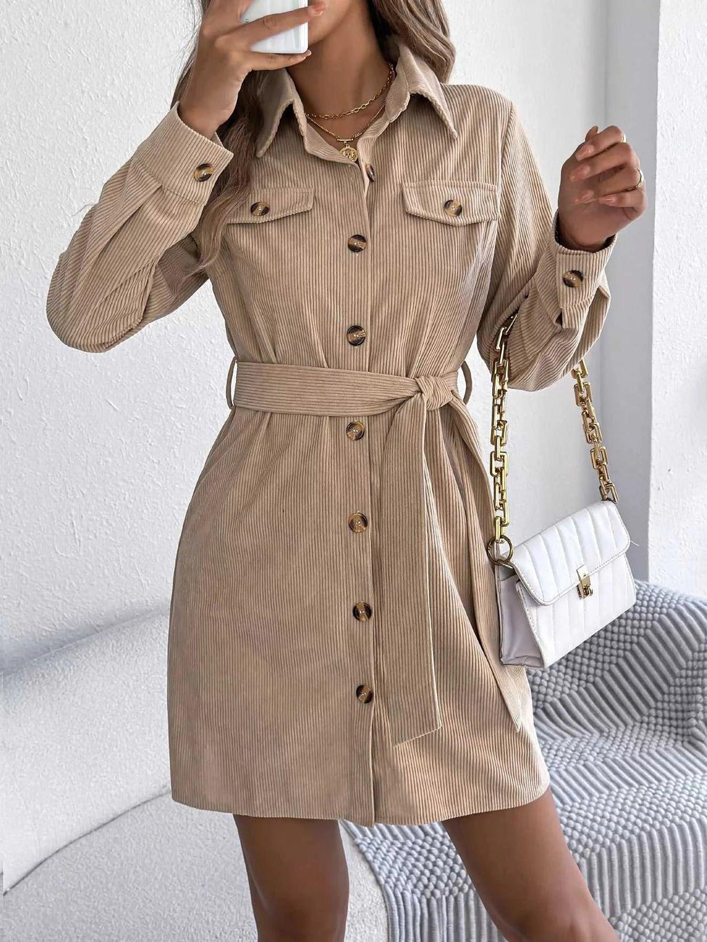Button-Front Corduroy Shirt Dress -- 