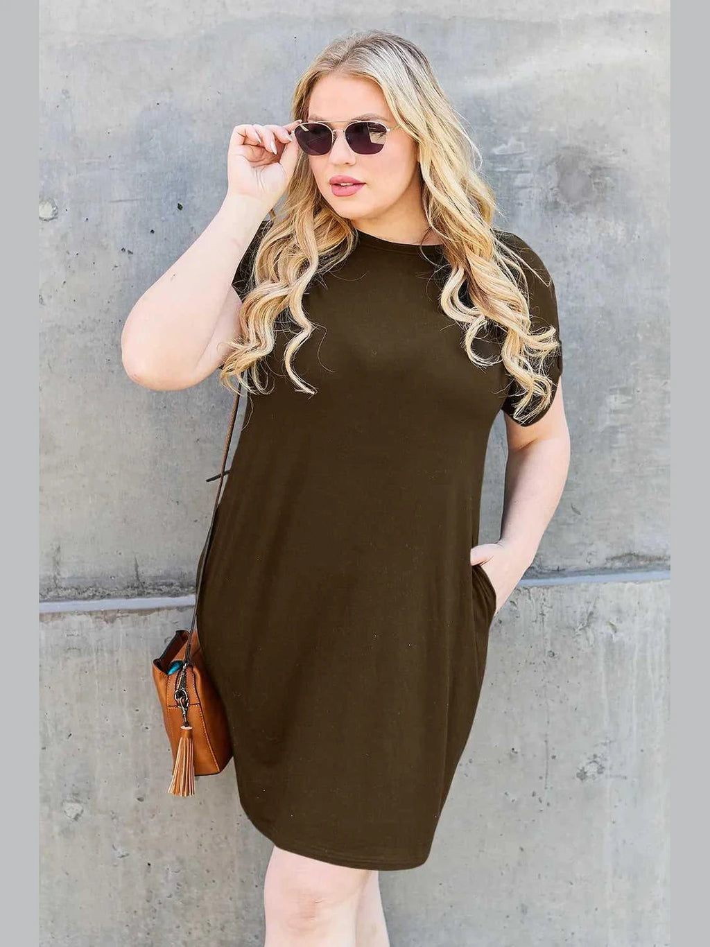 Basic Bae Full Size Round Neck Short Sleeve Dress with Pockets -- 
