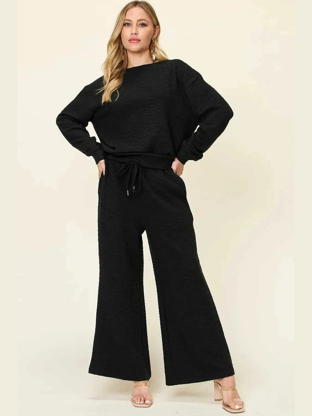 Double Take Full Size Texture Long Sleeve Top and Pants Set -- 
