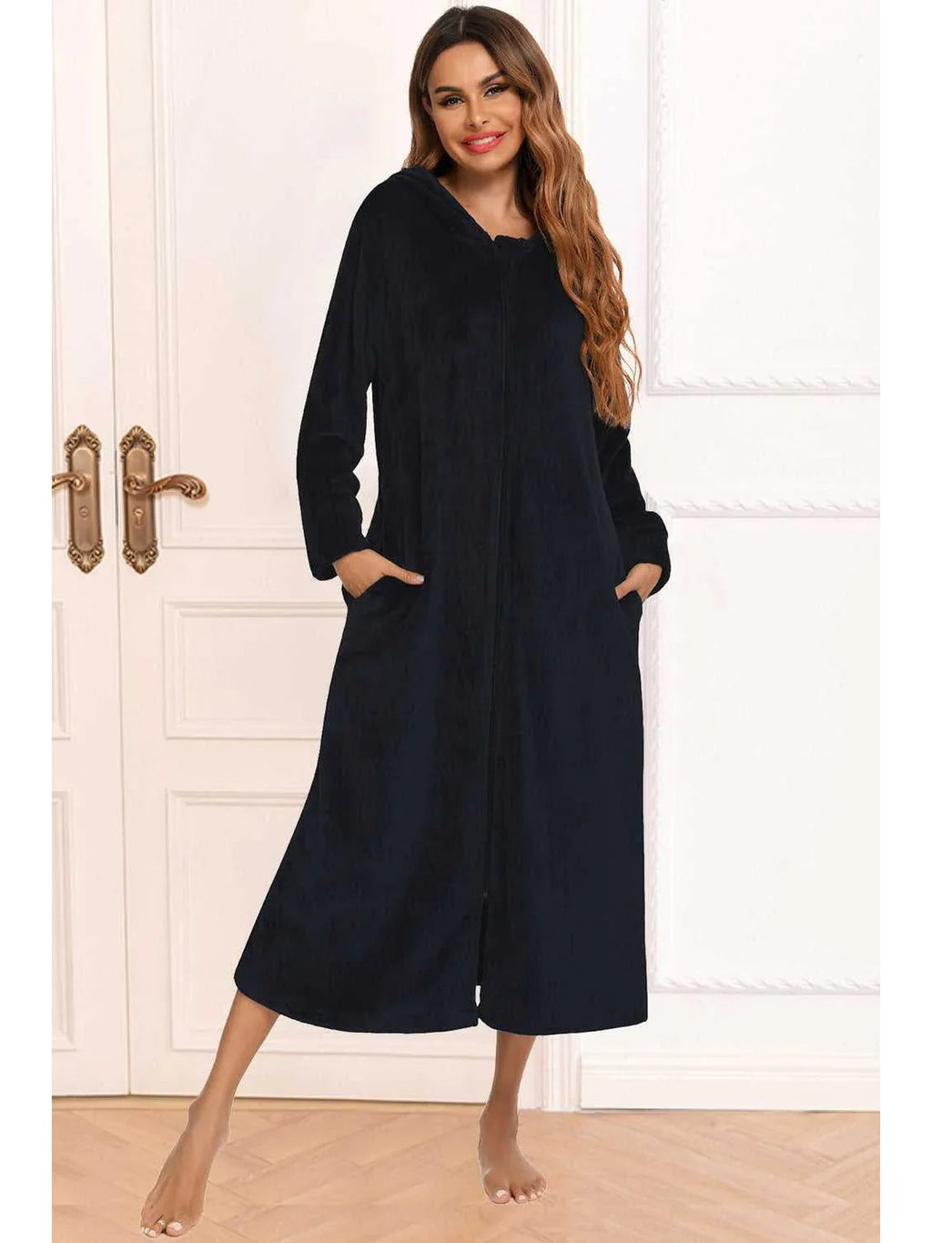 Zip Front Hooded Night Dress with Pockets -- 