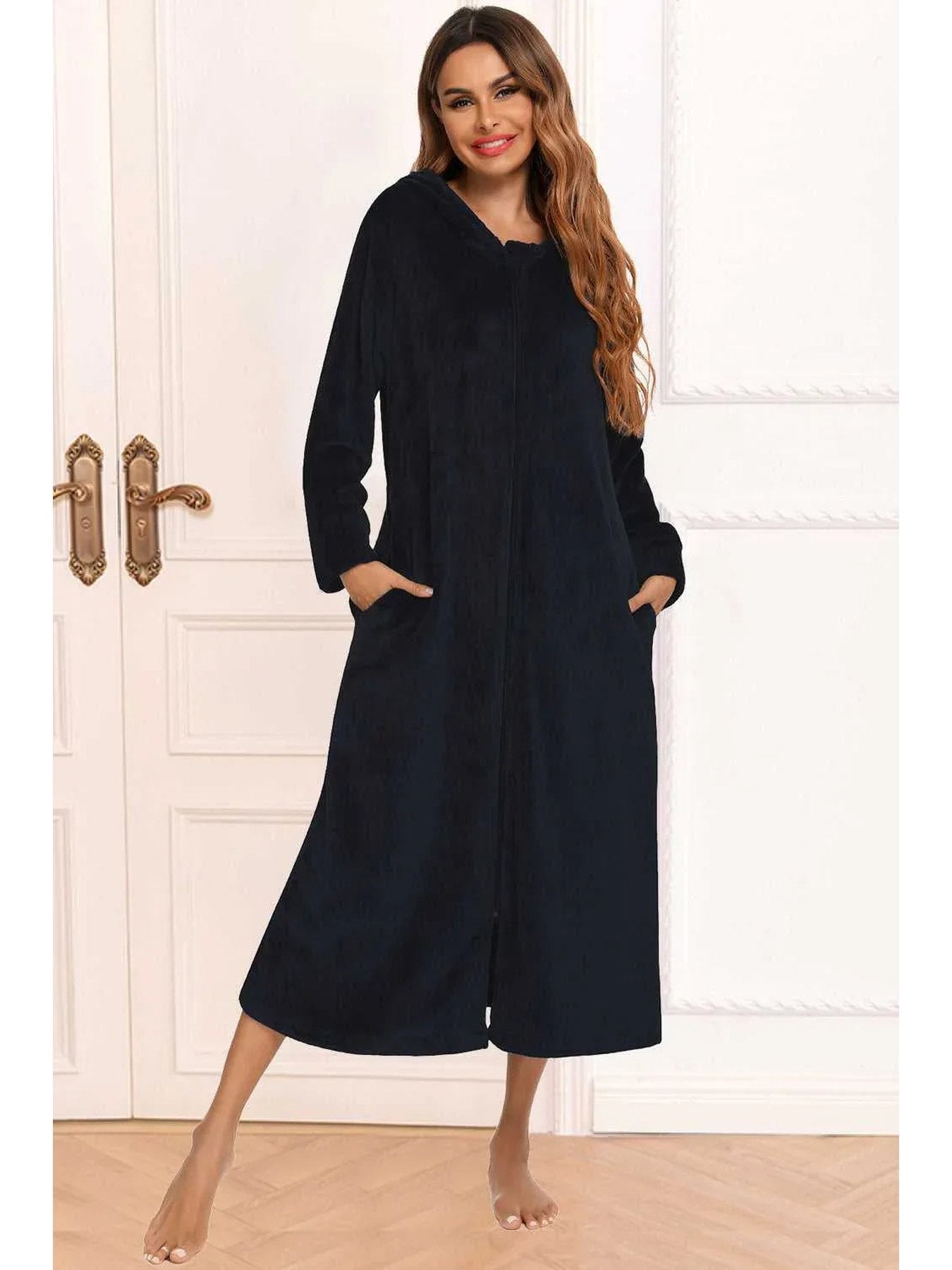 Zip Front Hooded Night Dress with Pockets -- 