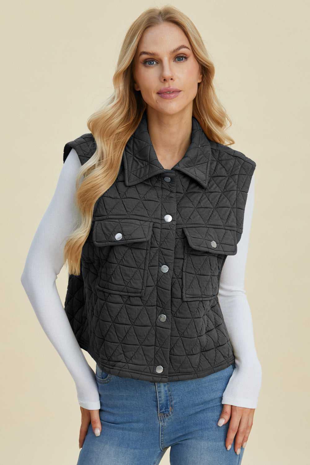 Double Take Full Size Pocketed Texture Snap Down Vest Coat -- 
