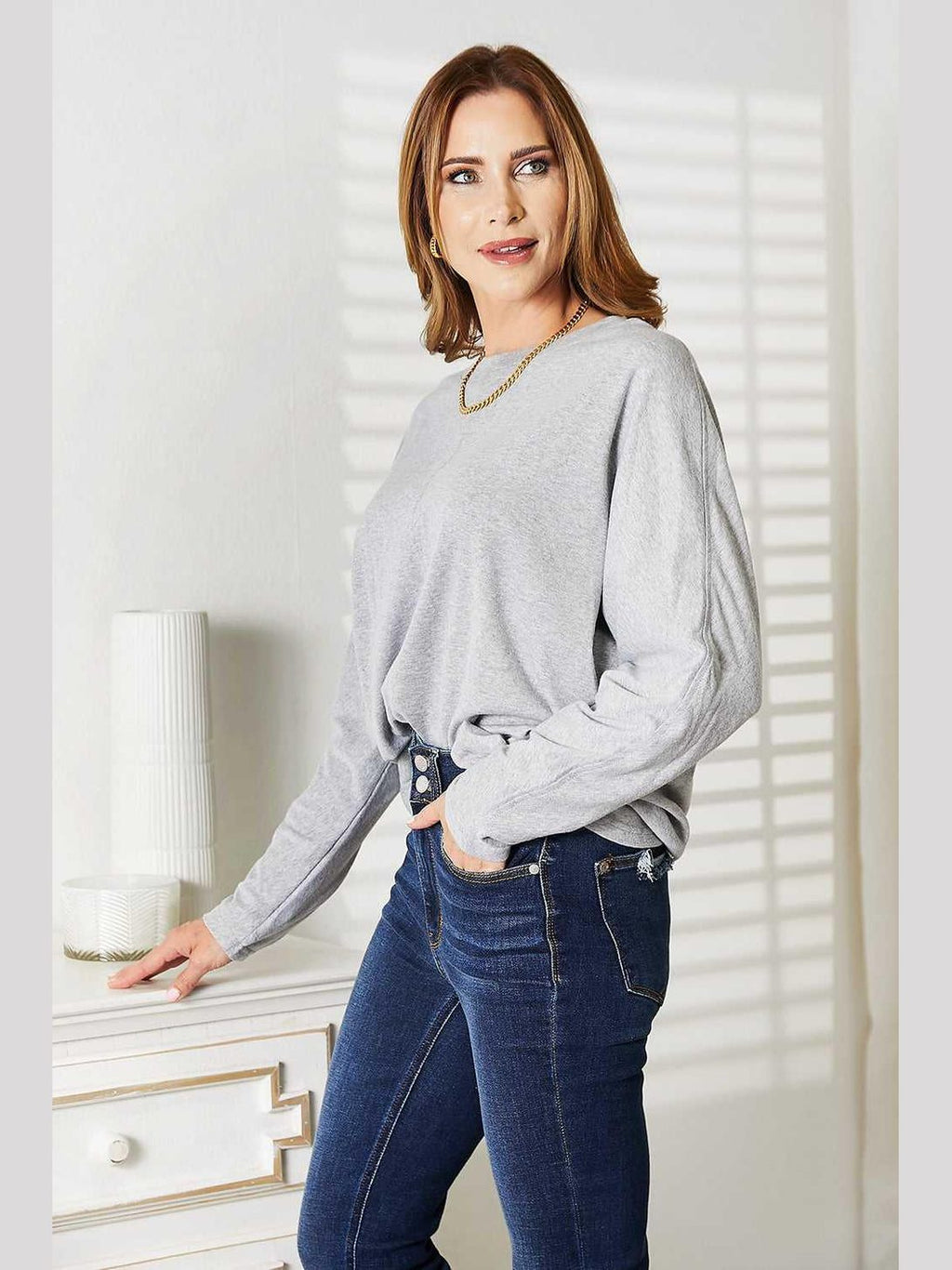Double Take Seam Detail Round Neck Long Sleeve Top -- 