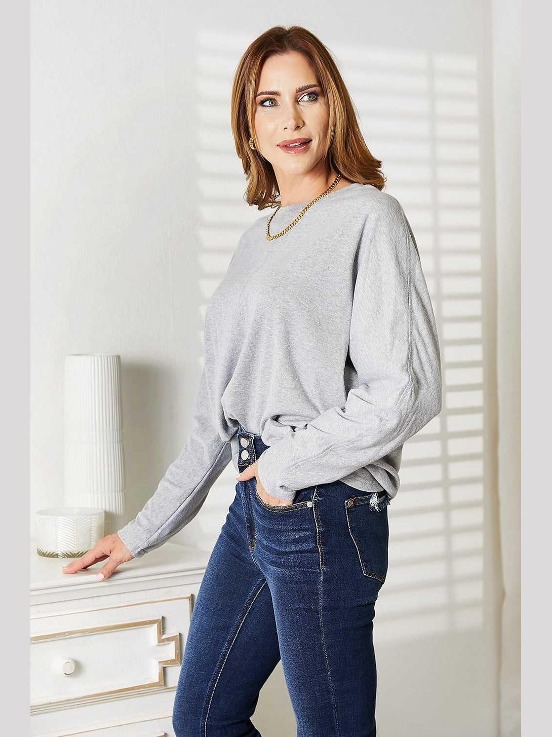 Double Take Seam Detail Round Neck Long Sleeve Top -- 