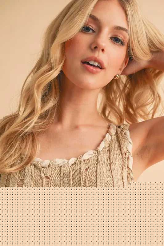 Aemi+Co Distressed Detail Round Neck Knit Tank