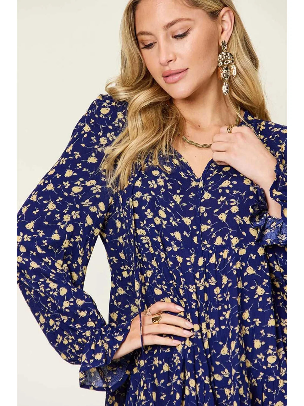 Double Take Full Size Printed Ruffle Hem Long Sleeve Tiered Dress -- 
