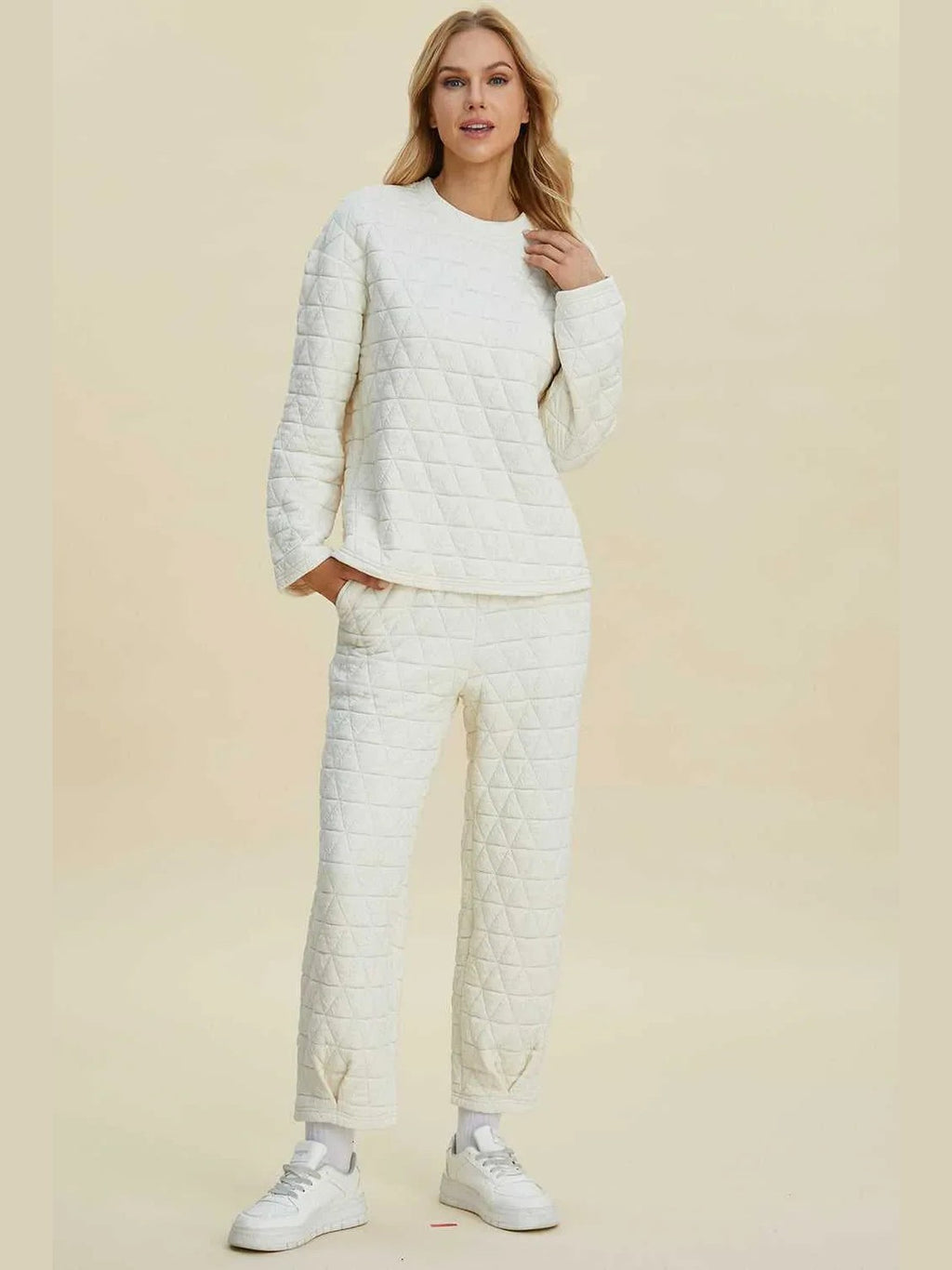 Double Take Full Size Texture Round Neck Long Sleeve Top and Pants Set -- 