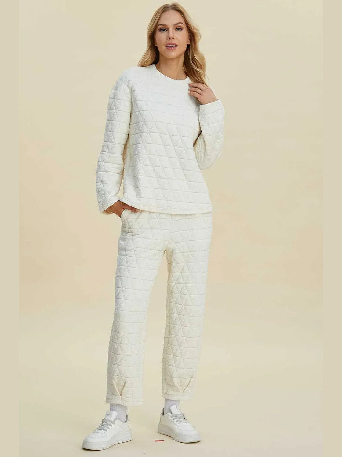 Double Take Full Size Texture Round Neck Long Sleeve Top and Pants Set -- 