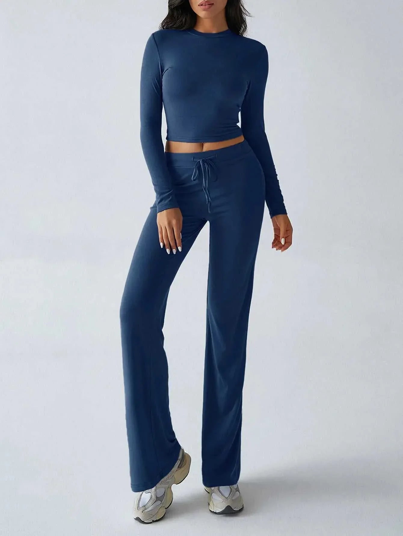 Round Neck Long Sleeve Top and Pants Set -- 