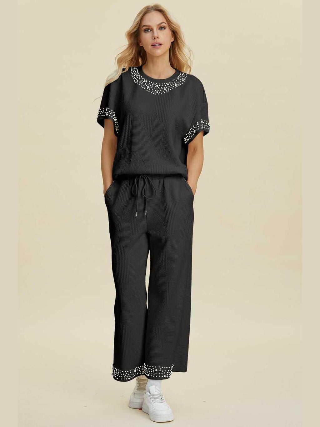 Double Take Full Size Pearl Detail Round Neck Top and Pants Set -- 