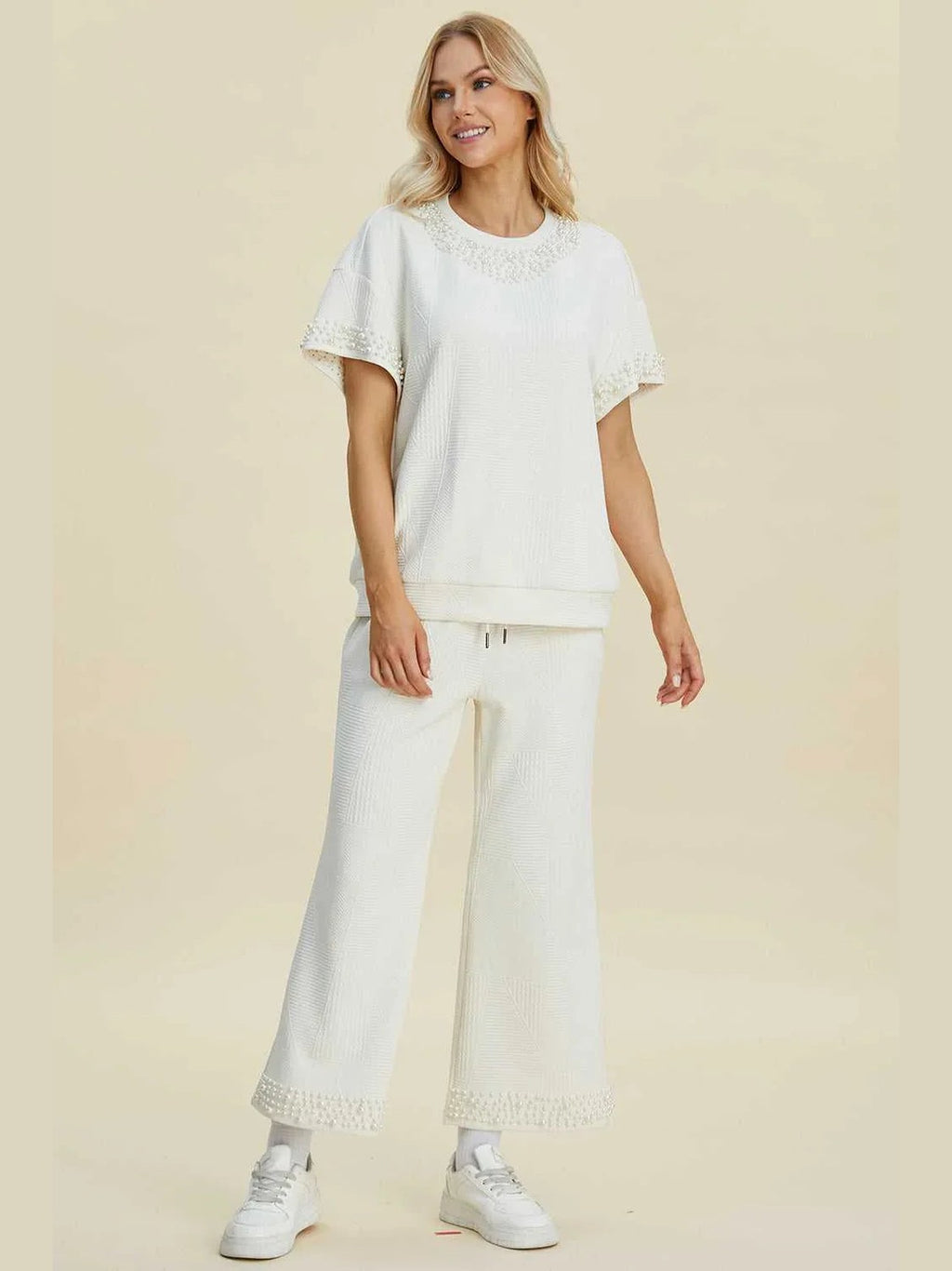 Double Take Full Size Pearl Detail Round Neck Top and Pants Set -- 