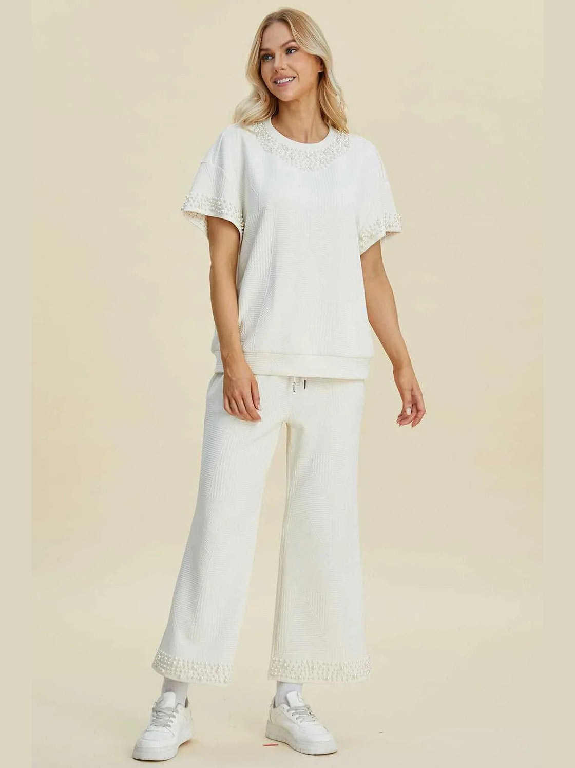 Double Take Full Size Pearl Detail Round Neck Top and Pants Set -- 