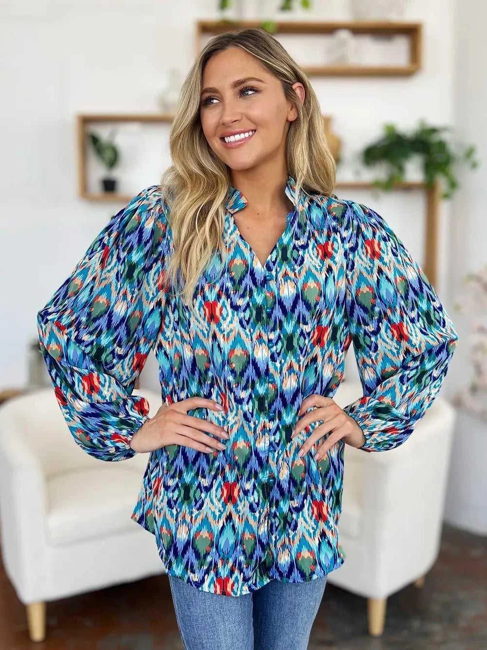 Double Take Full Size Printed Balloon Sleeve Blouse -- 