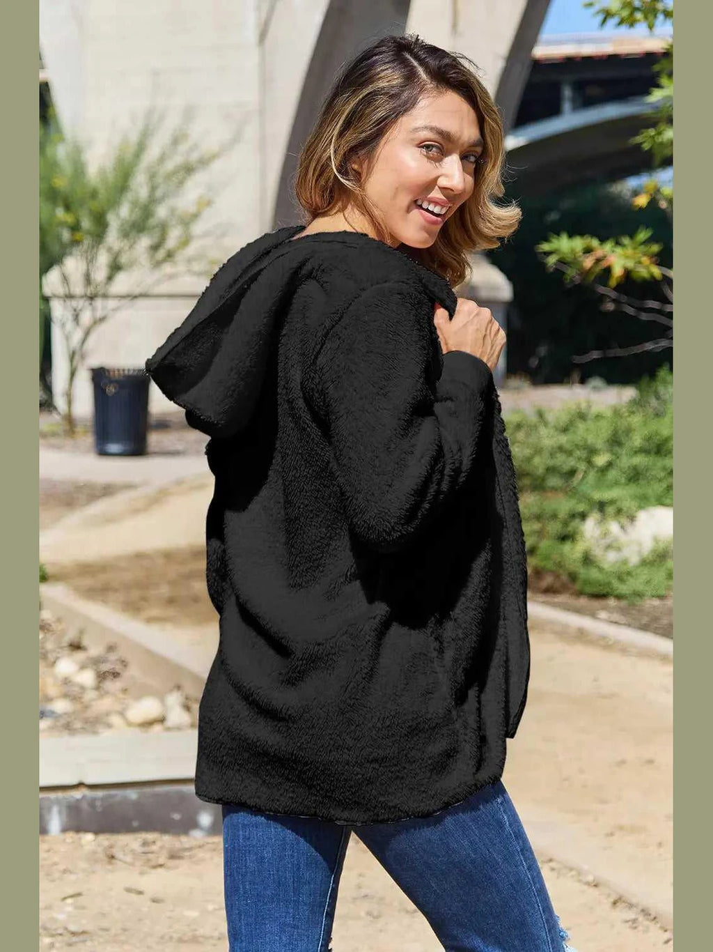 Full Size Teddy Hooded Jacket with Pockets -- 