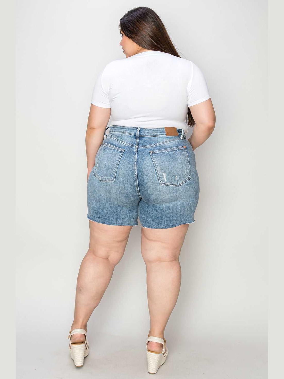 Judy Blue Full Size High Waist Rhinestone Decor Denim Shorts -- 