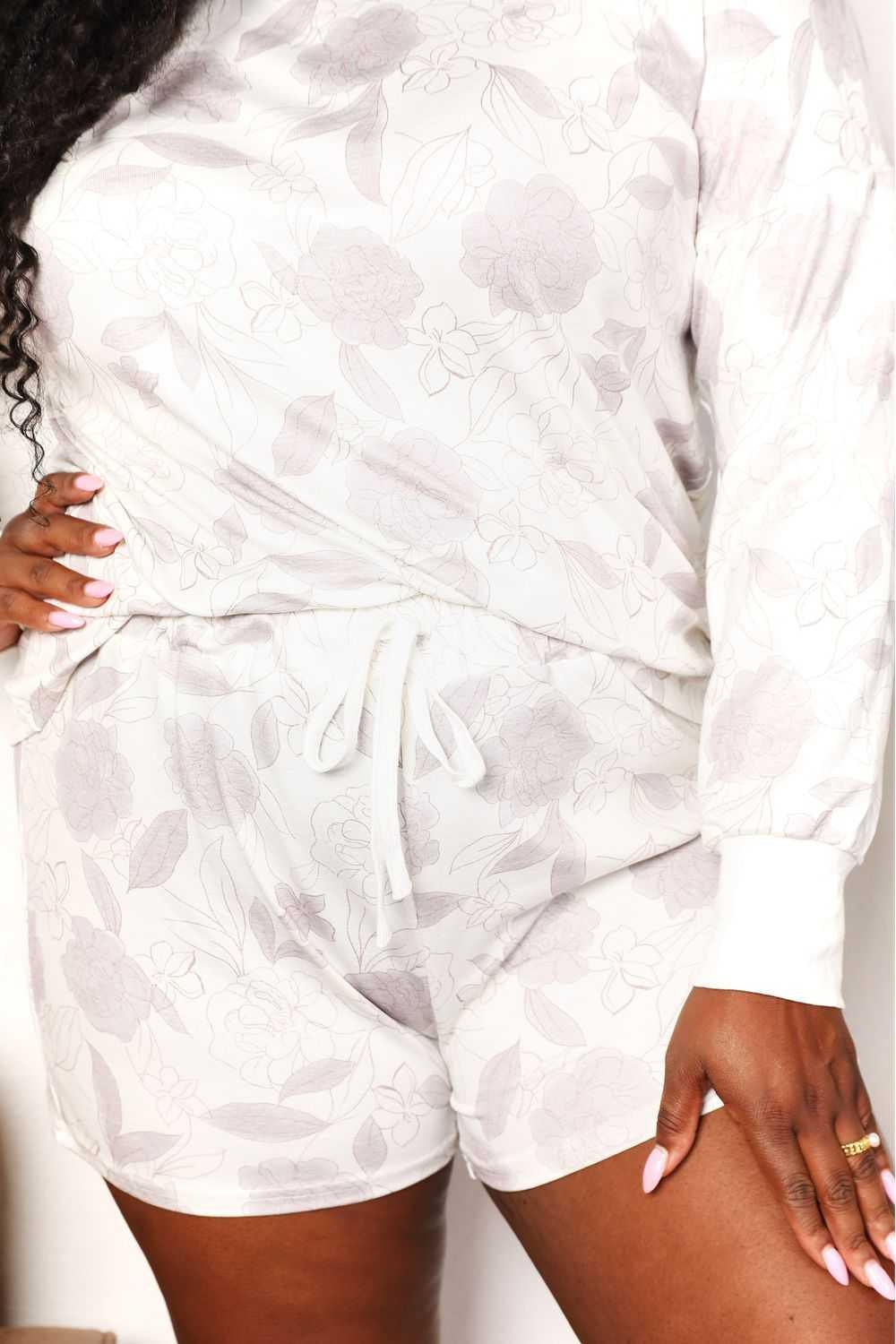 Double Take Floral Long Sleeve Top and Shorts Loungewear Set -- 