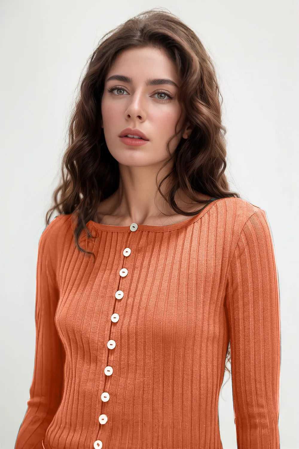 Basic Bae Texture Button Up Round Neck Long Sleeve Top -- 