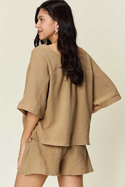 Double Take Texture Half Sleeve T-Shirt and Drawstring Shorts Set
