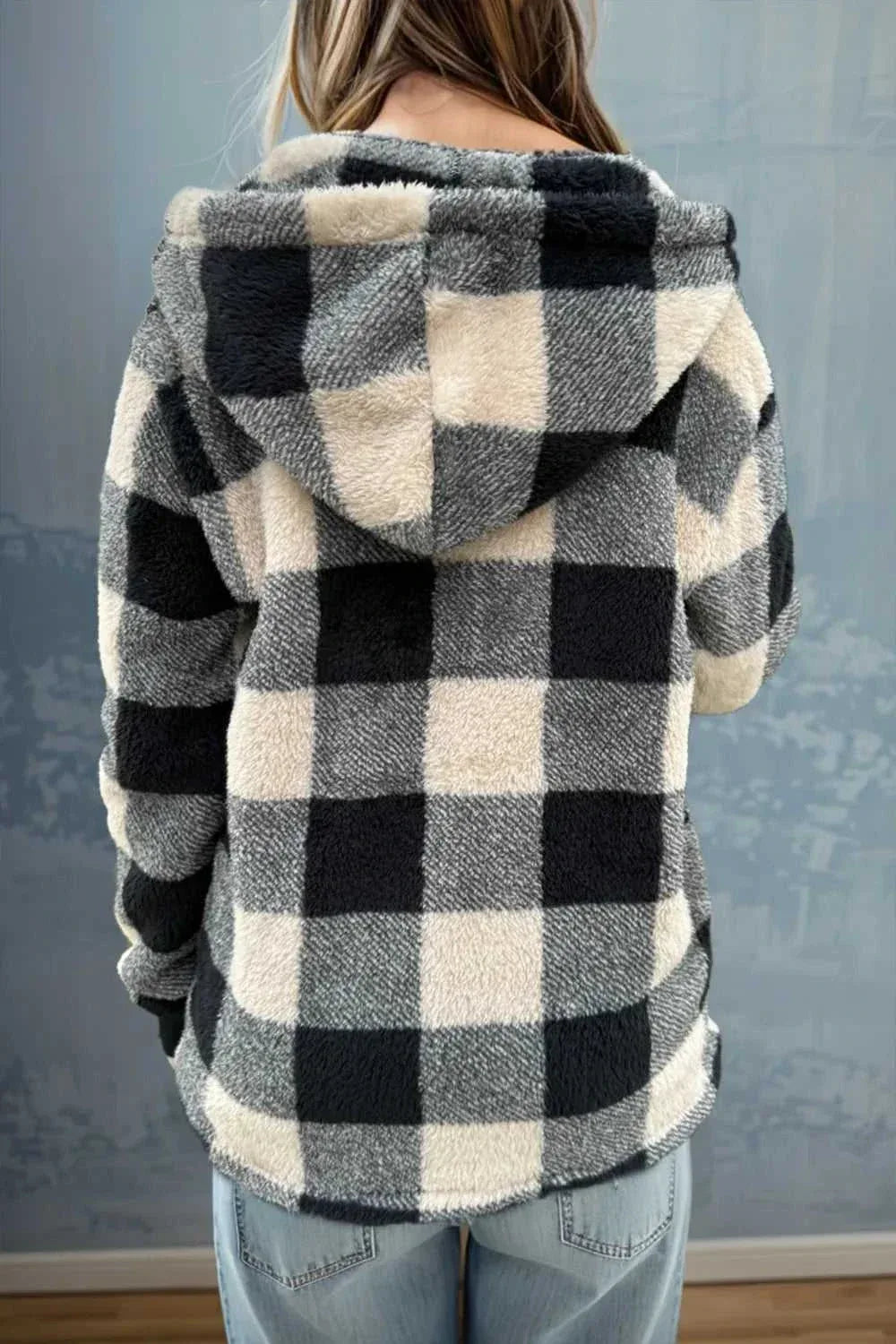 Double Take Full Size Plaid Long Sleeve Hooded Coat -- 