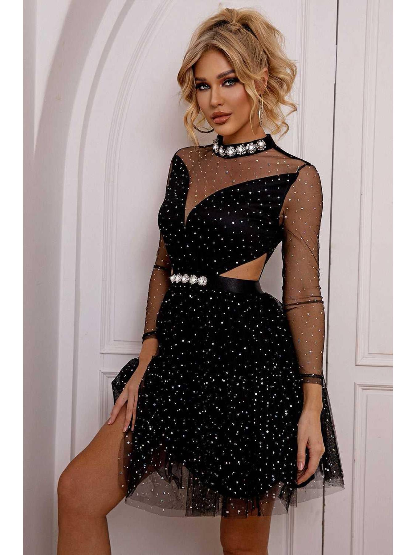 Cutout Mock Neck Mesh Dress -- 