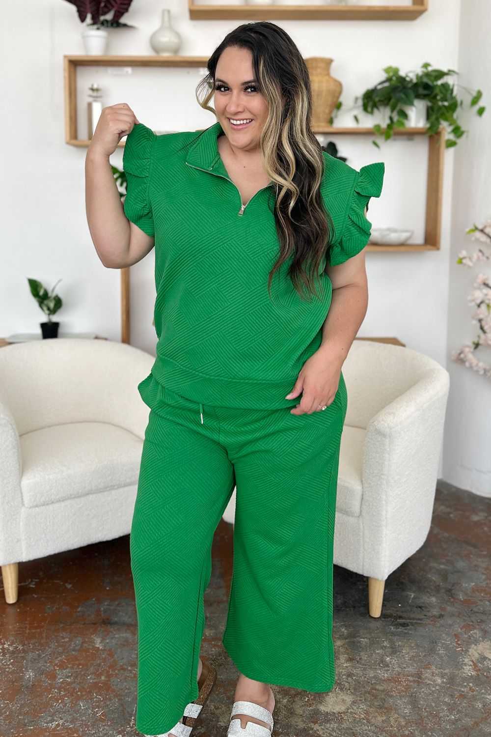 Ruffle Short Sleeve Top and Drawstring Wide Leg Pants Set