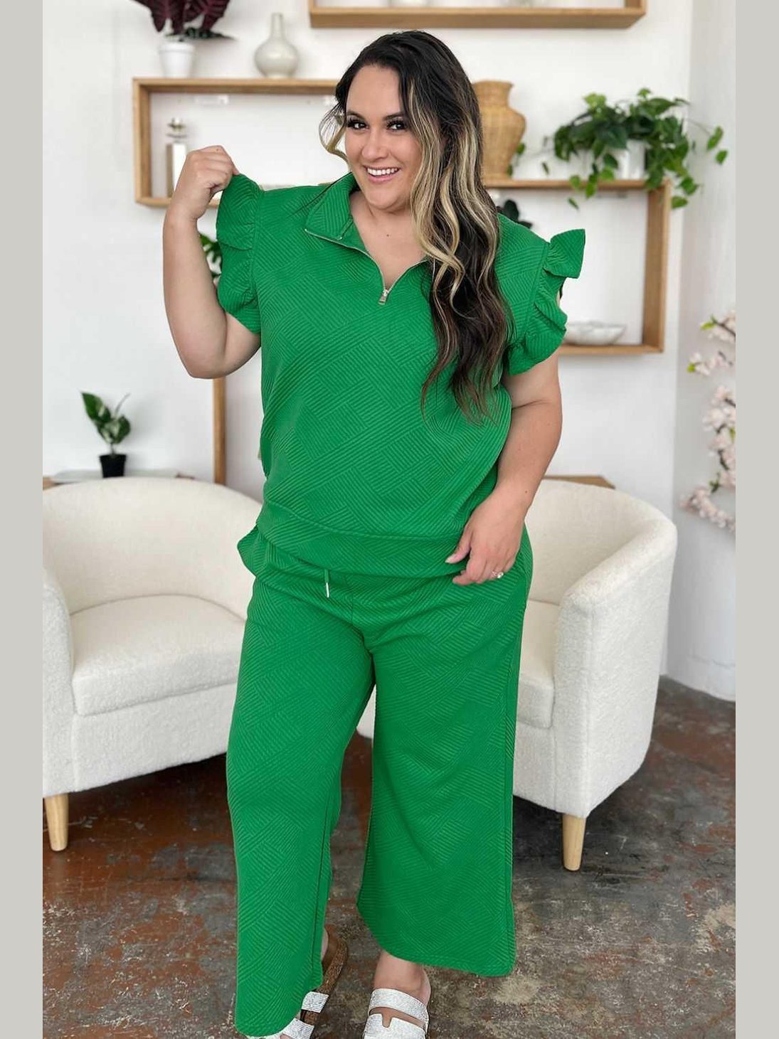 Ruffle Short Sleeve Top and Drawstring Wide Leg Pants Set -- 