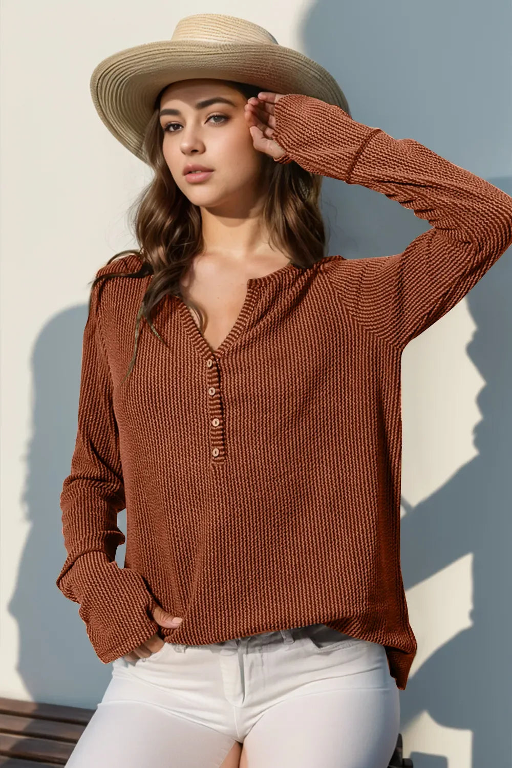 Double Take Full Size Notched Thumbhole Long Sleeve T-Shirt -- 