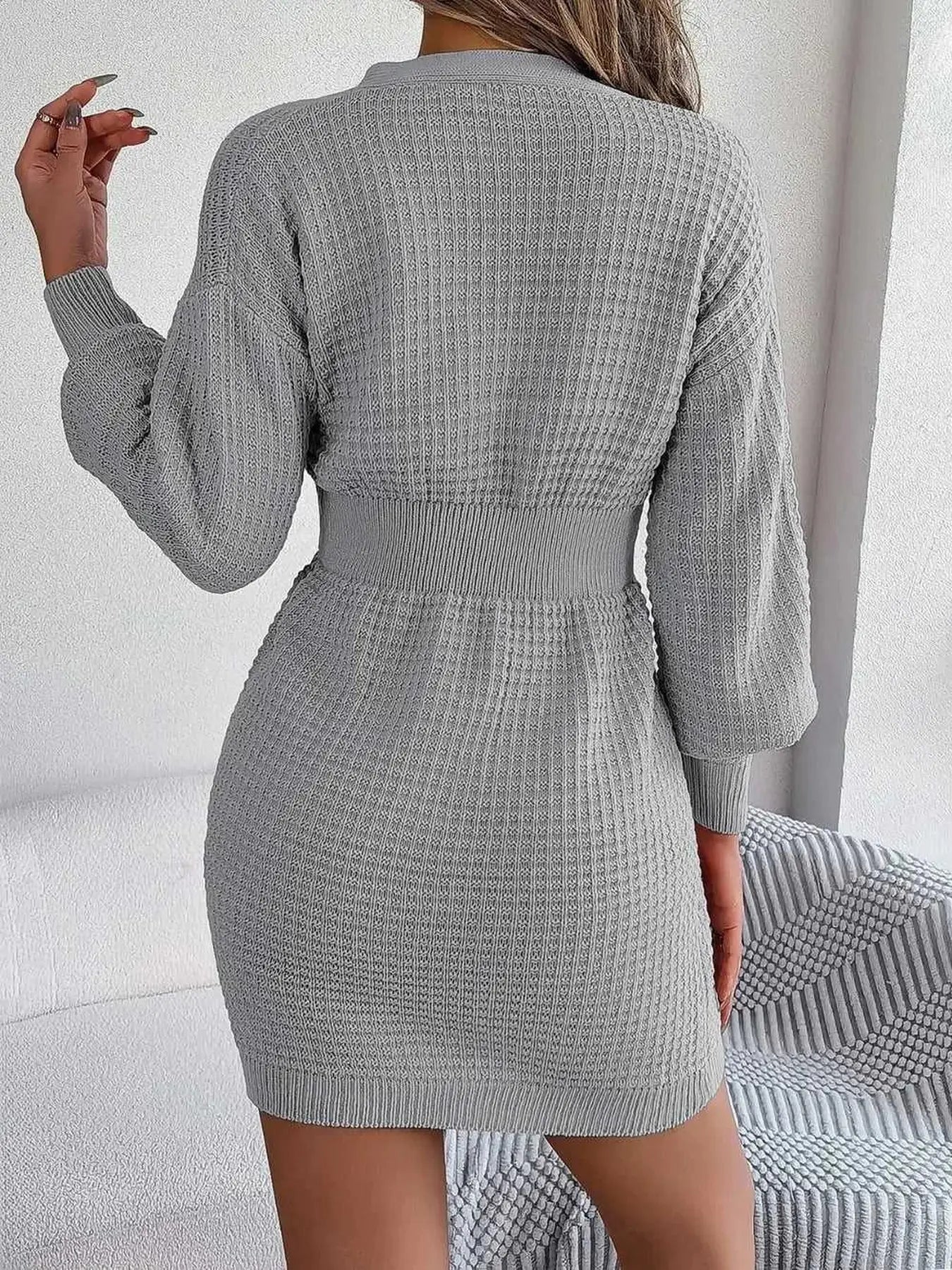 Buttoned Cable-Knit V-Neck Sweater Dress -- 