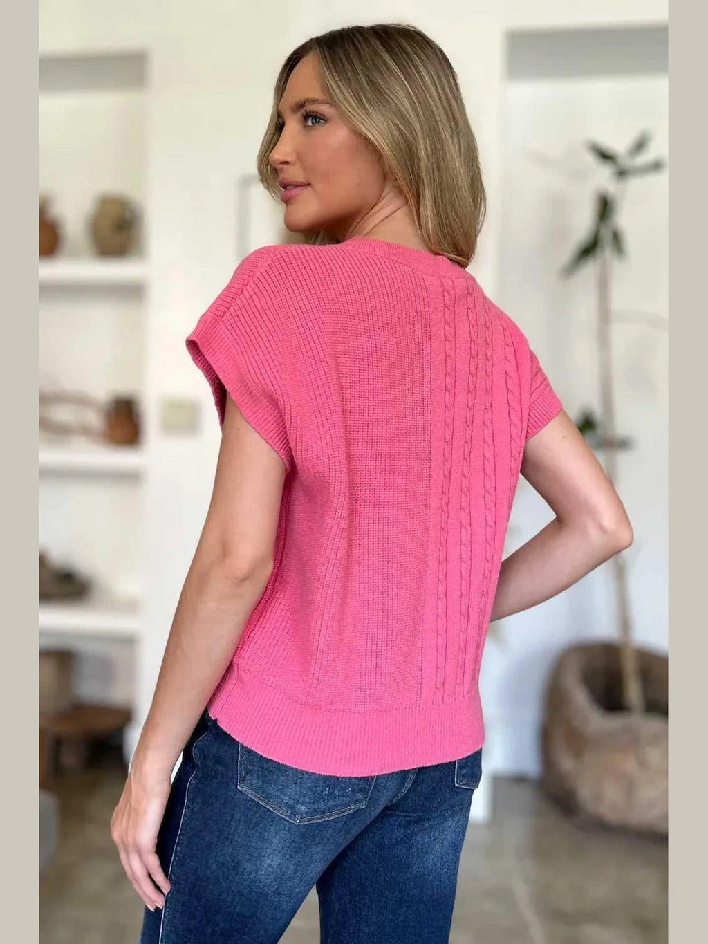 Double Take Full Size Cable-Knit Round Neck Short Sleeve Sweater -- 
