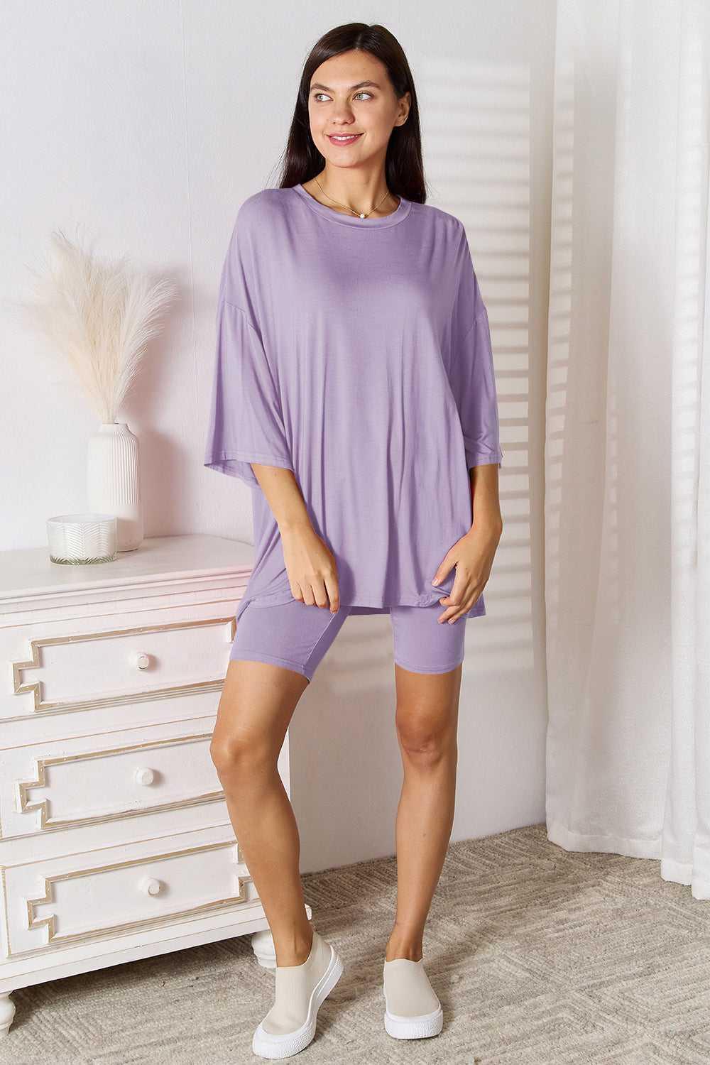 Basic Bae Full Size Soft Rayon Three-Quarter Sleeve Top and Shorts Set -- 