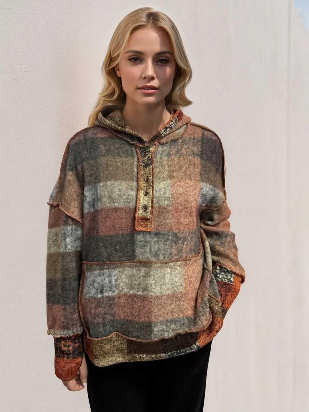 Double Take Full Size Plaid Dropped Shoulder Fleece Hoodie -- 