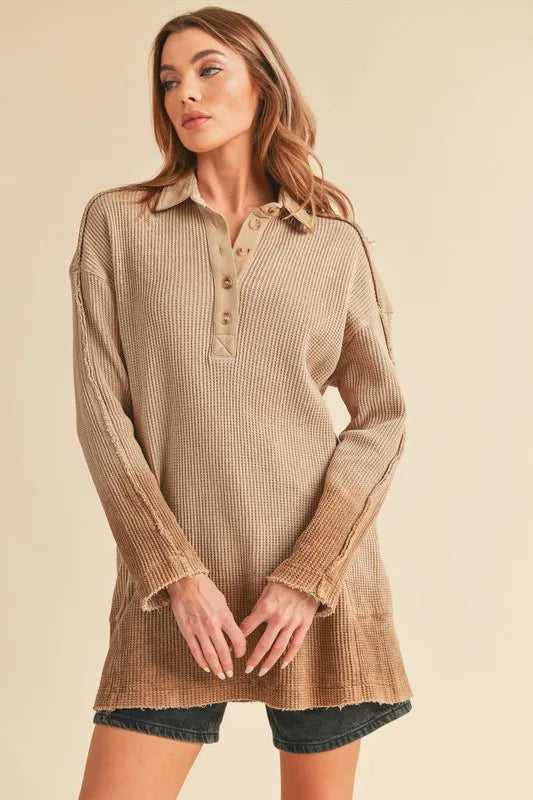 Aemi+Co Waffle-Knit Frayed Hem Button Detail Top
