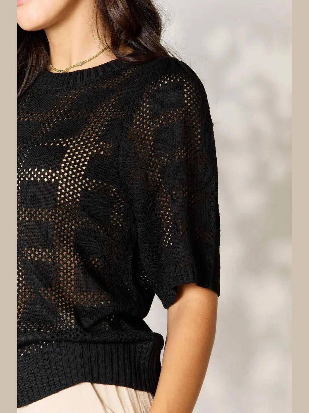 Mandy Ribbed Trim Round Neck Knit Top -- 