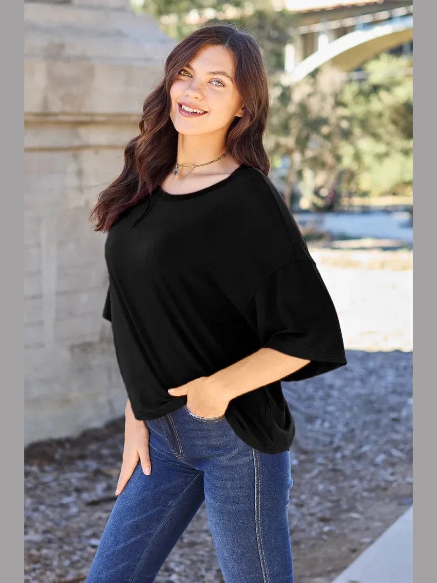 Basic Bae Bamboo Full Size Round Neck Drop Shoulder T-Shirt -- 