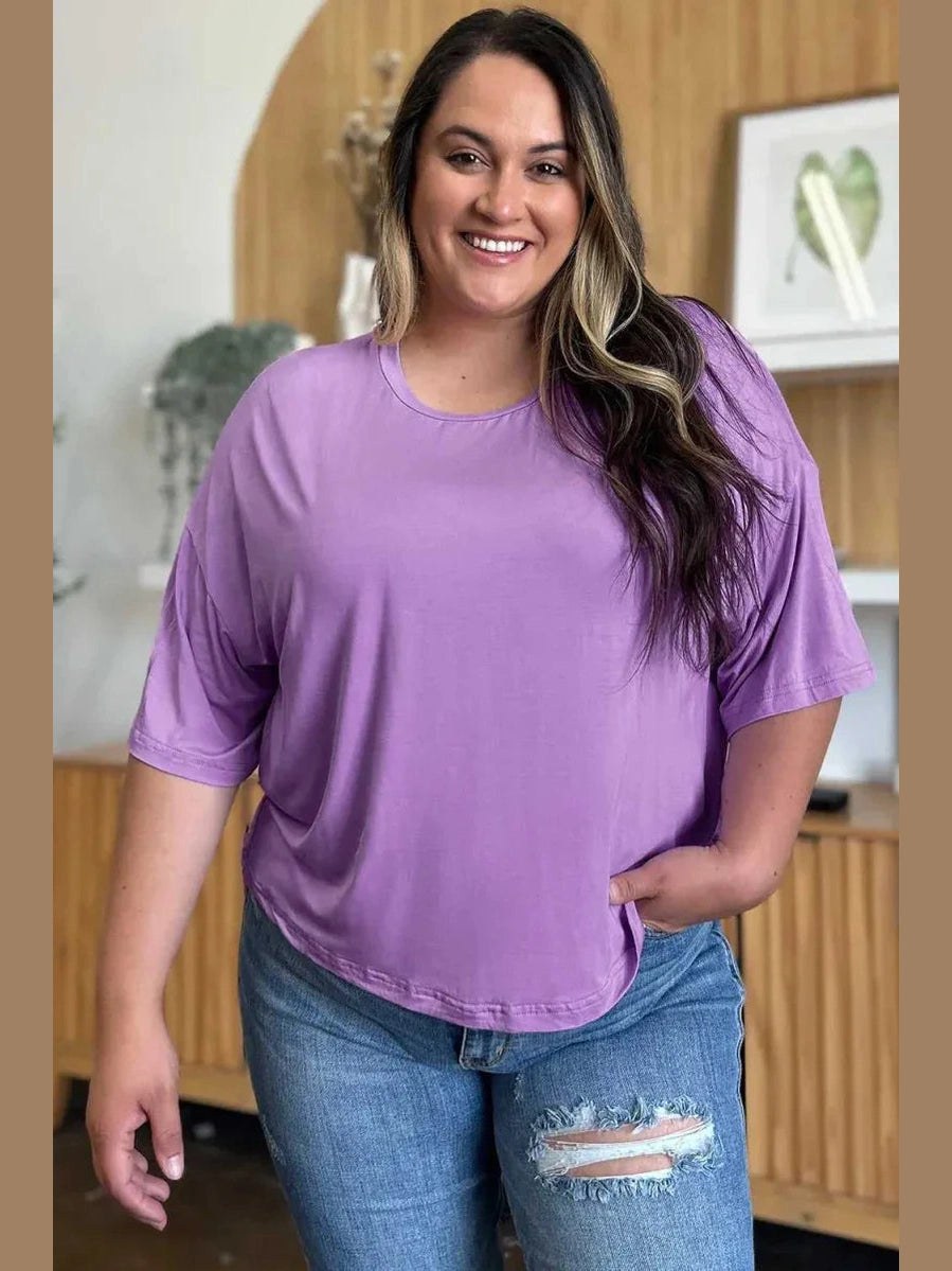 Basic Bae Bamboo Full Size Round Neck Drop Shoulder T-Shirt -- 