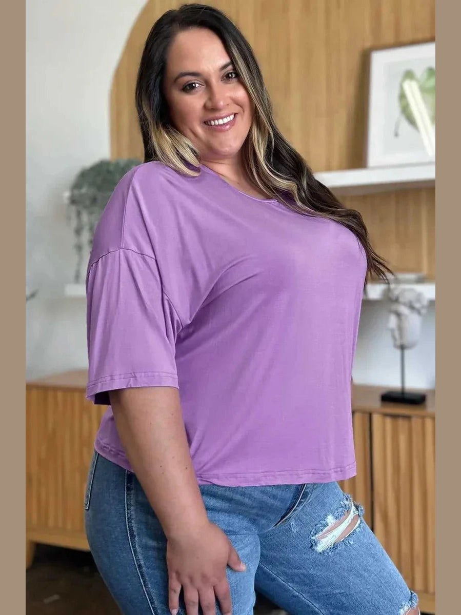 Basic Bae Bamboo Full Size Round Neck Drop Shoulder T-Shirt -- 