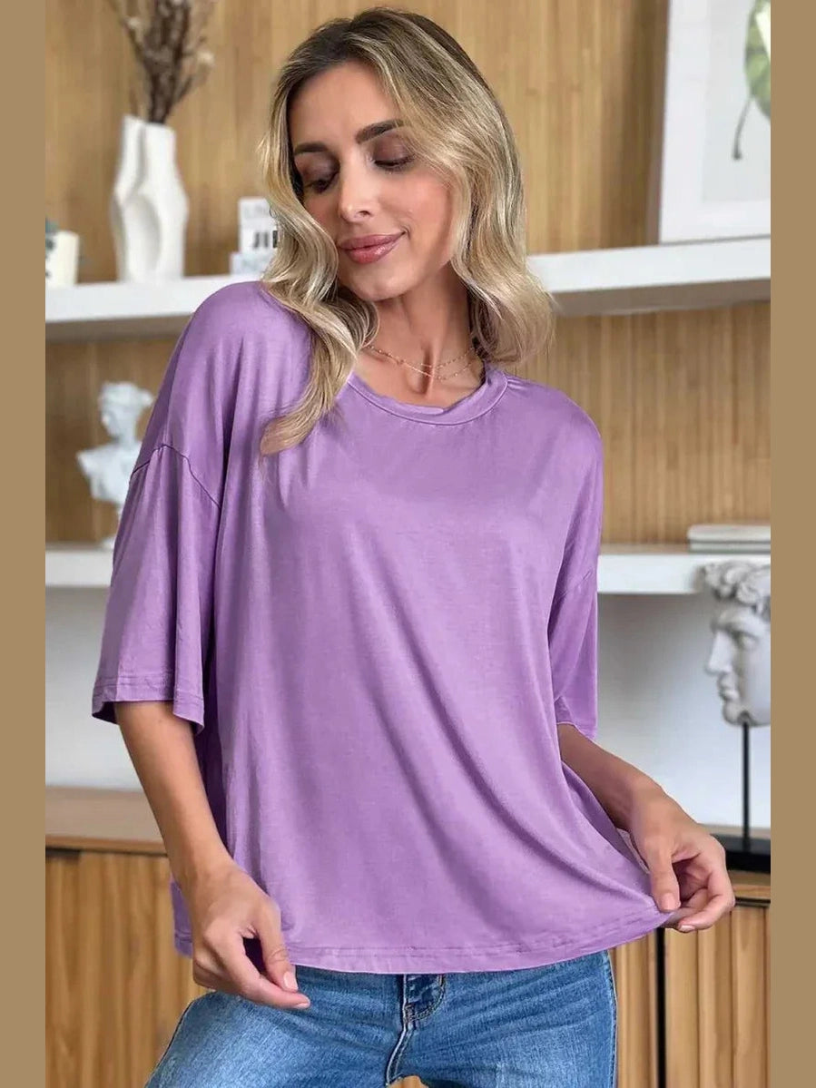 Basic Bae Bamboo Full Size Round Neck Drop Shoulder T-Shirt -- 