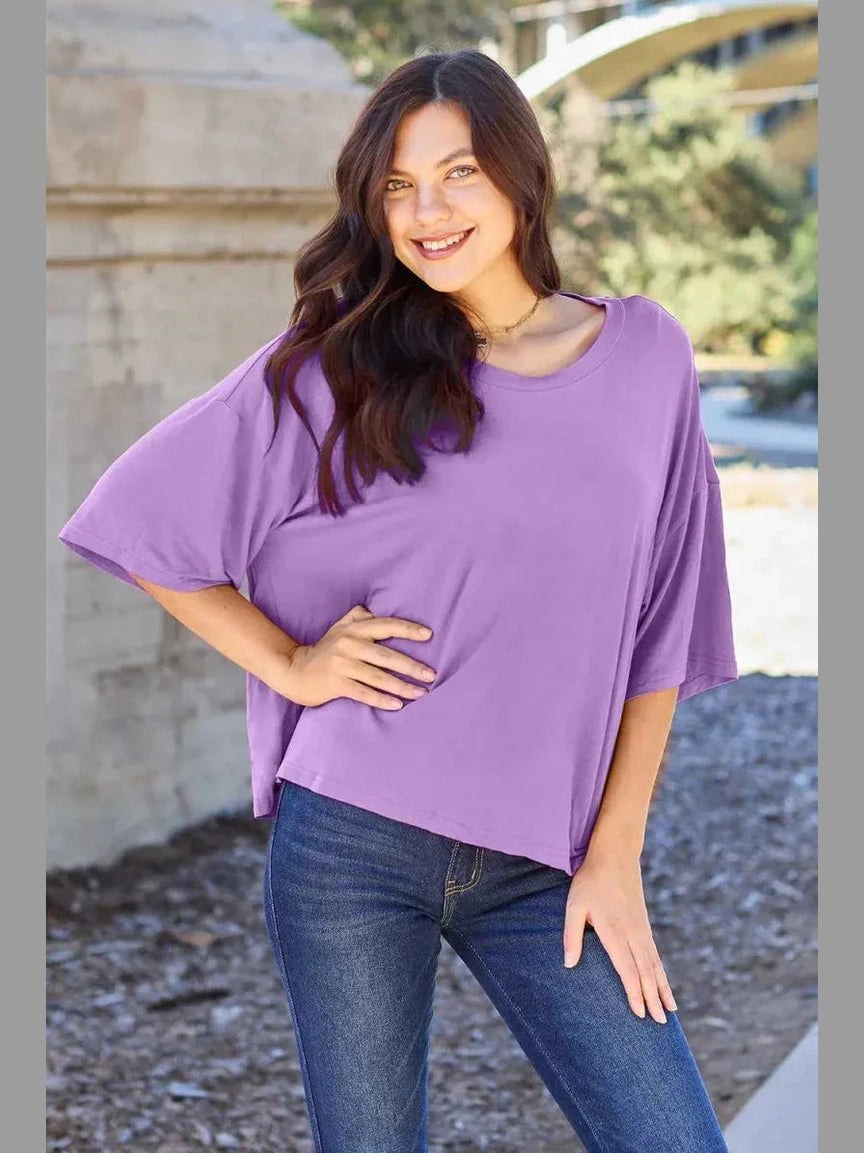 Basic Bae Bamboo Full Size Round Neck Drop Shoulder T-Shirt -- 