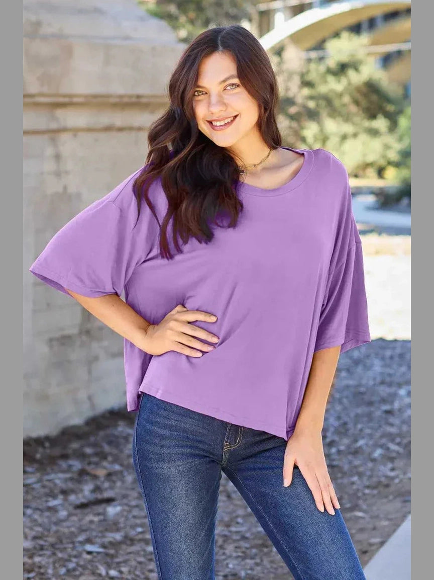 Basic Bae Bamboo Full Size Round Neck Drop Shoulder T-Shirt -- 