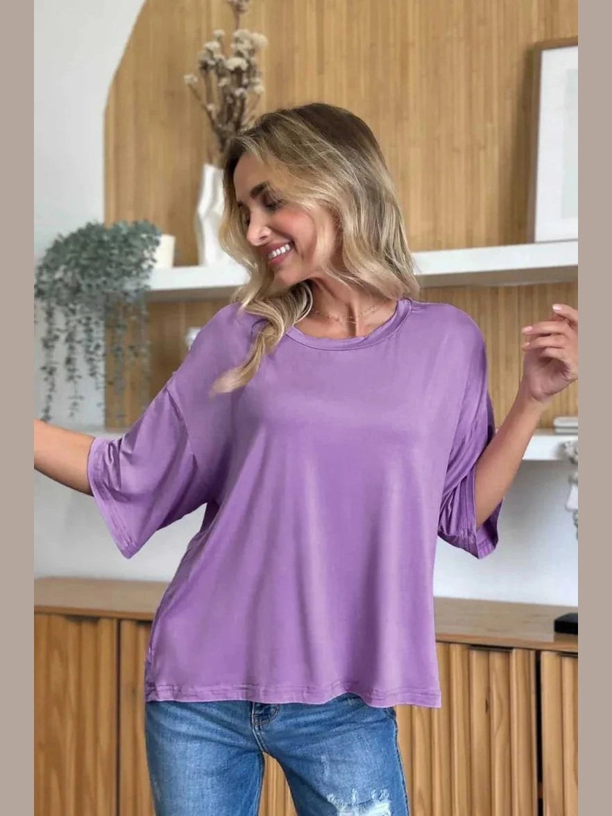 Basic Bae Bamboo Full Size Round Neck Drop Shoulder T-Shirt -- 