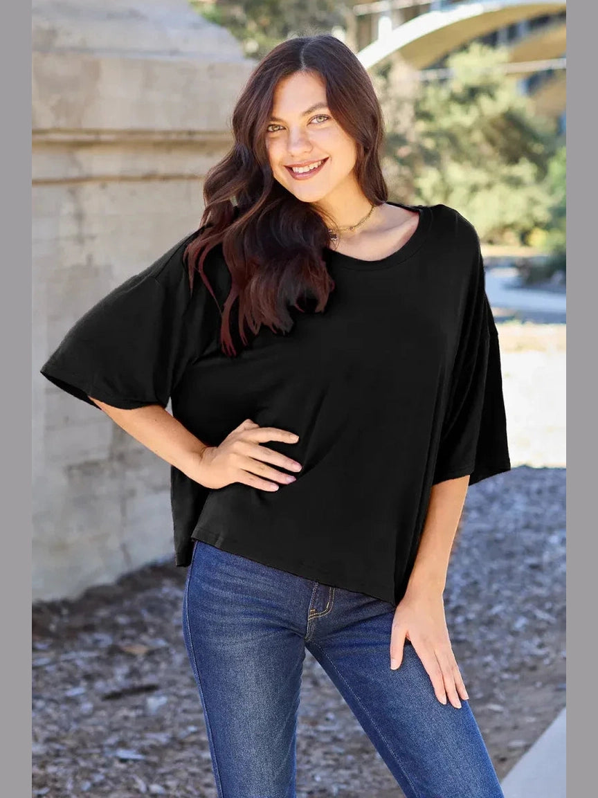 Basic Bae Bamboo Full Size Round Neck Drop Shoulder T-Shirt -- 